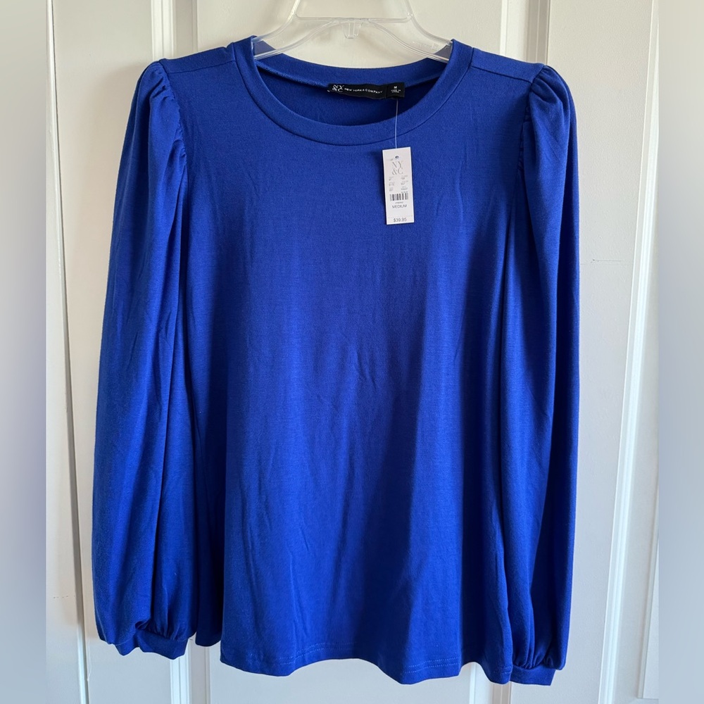 New York & Company Blue Relaxed Blouse with Billowy Sleeves